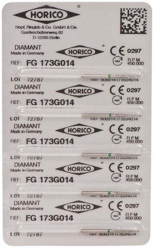 Blisterverpackung mit sechs Diamant-Dentalbohrern, Modell FG 173G 014.
