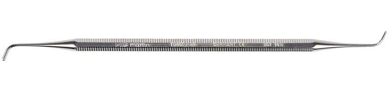 Zahnmedizinisches Instrument, tropfenförmiger Stopfer, beidseitig mit gebogenen Spitzen.