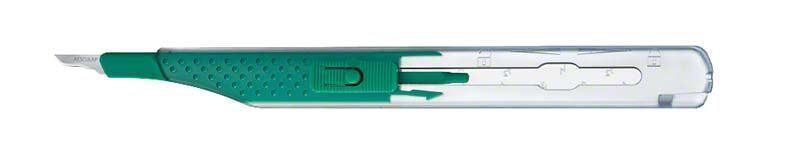 Sicherheitsskalpell Figur 15 mit grünem Griff und Schutzmechanismus.