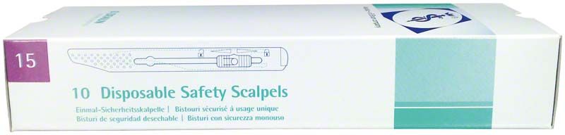 Verpackung mit 10 Aesculap Sicherheitsskalpellen, Figur 15, und Schutzmechanismus.