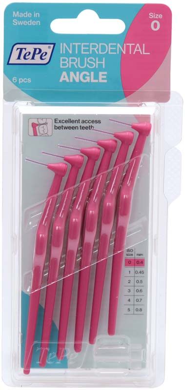 TePe Angle™ Interdentalbürsten, pink, Größe 0, in Verpackung mit sechs Bürsten.