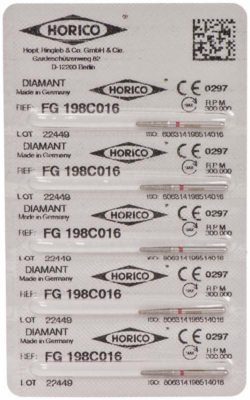 Blisterpackung mit sieben Diamantschleifern FG 198C 016 von Horico.