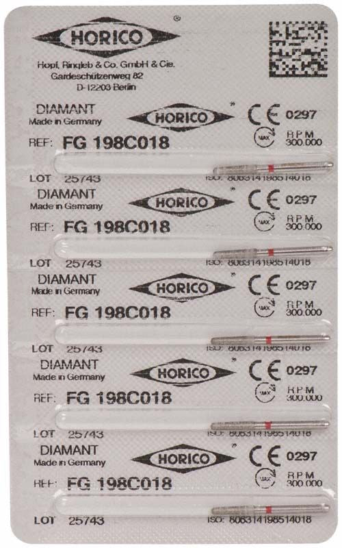 Blisterverpackung mit Diamant FG 198C 018 Dentalbohrer, sechs Stück.