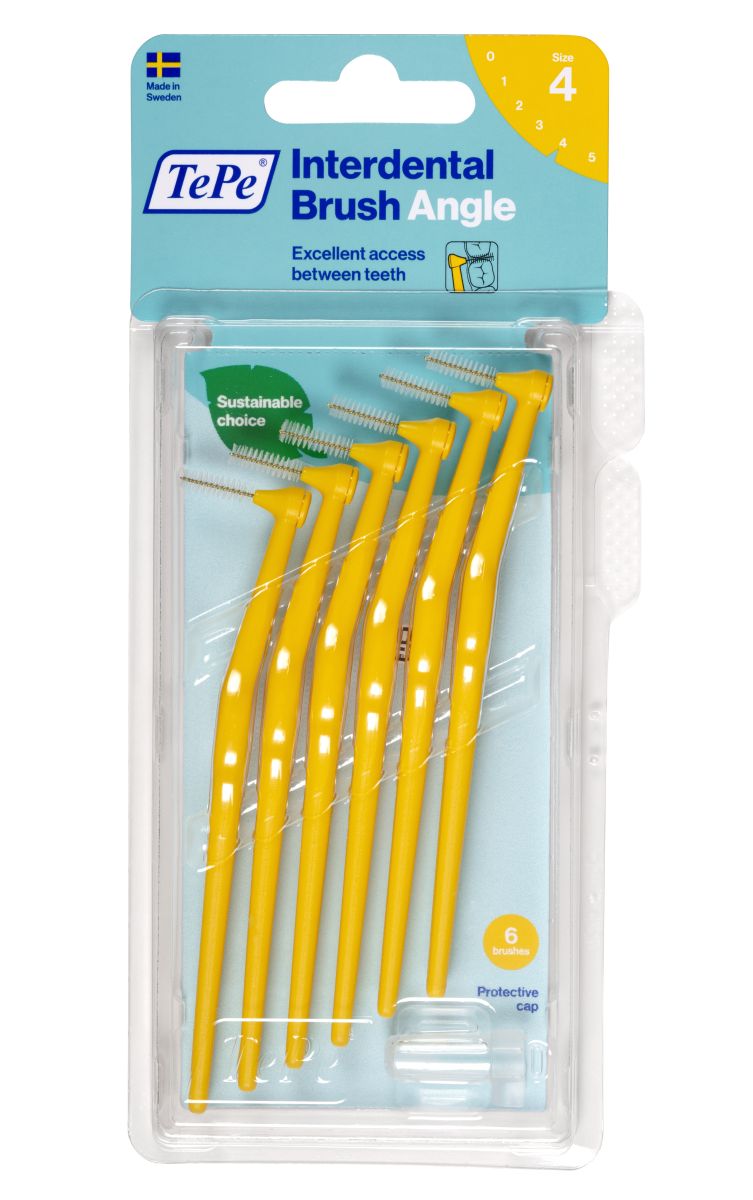 Gelbe TePe Angle™ Interdentalbürsten Größe 4 in Kunststoffverpackung.