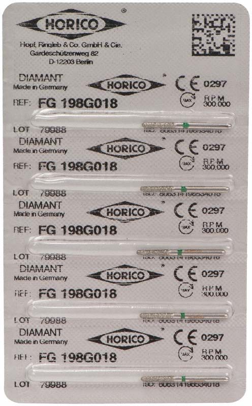 Blisterpackung mit Diamant FG 198G 018 Dentalbohrern von Horico.