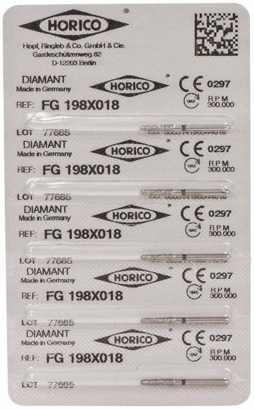 Blisterverpackung mit fünf Diamant FG 198X 018 Dentalbohrern.