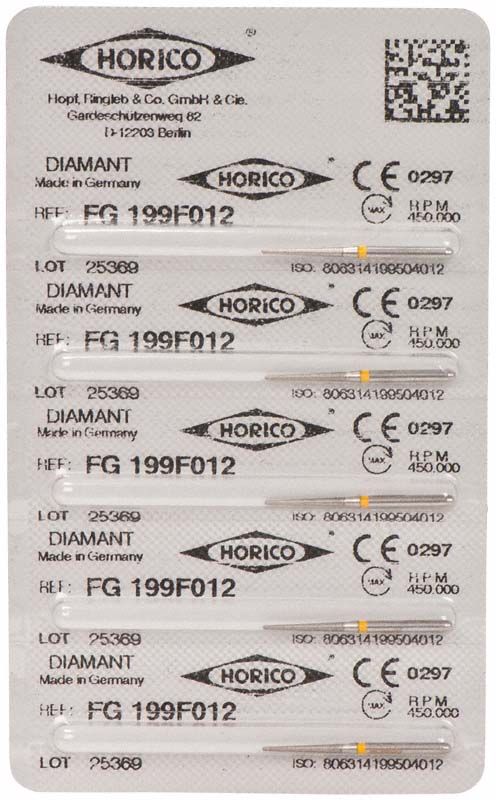 Blisterpackung mit Diamant FG 199F 012 dentalen Schleifinstrumenten.