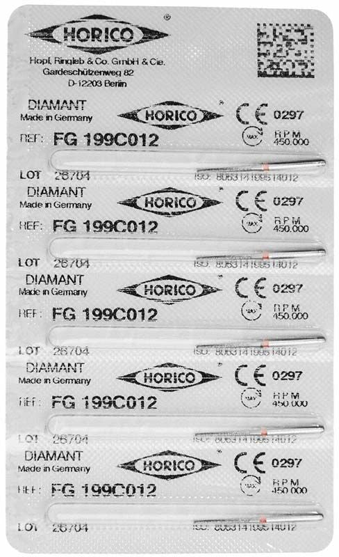 Blisterverpackung mit Diamant FG 199C 012 Bohrern, CE-zertifiziert.