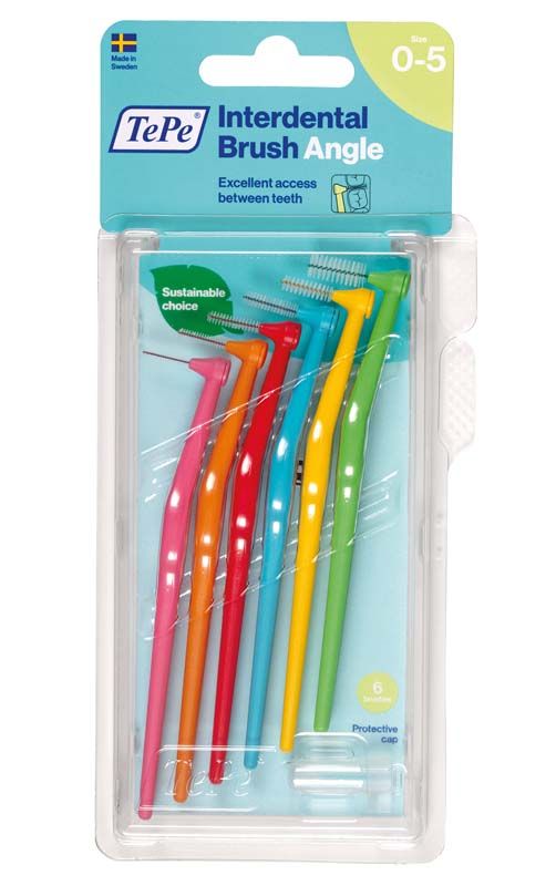 TePe Angle™ Interdentalbürste, orange, in Kunststoffverpackung, Größe 0-5, farbcodiert.