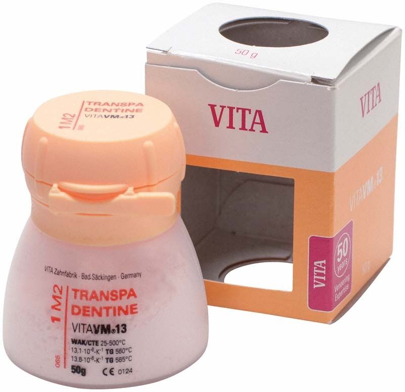 Transpa Dentin VITA VM13 50g Dose neben geöffneter Verpackung.