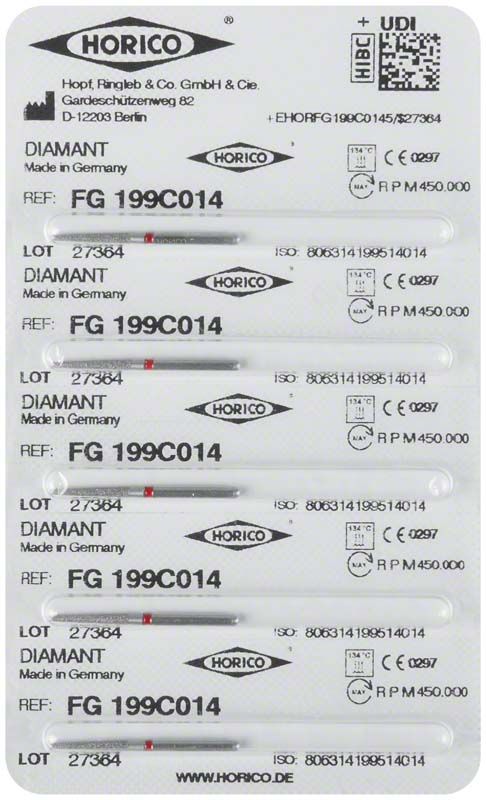 Verpackung von Diamant FG 199C 014 Zahnarztbohrern, sechs Stück.