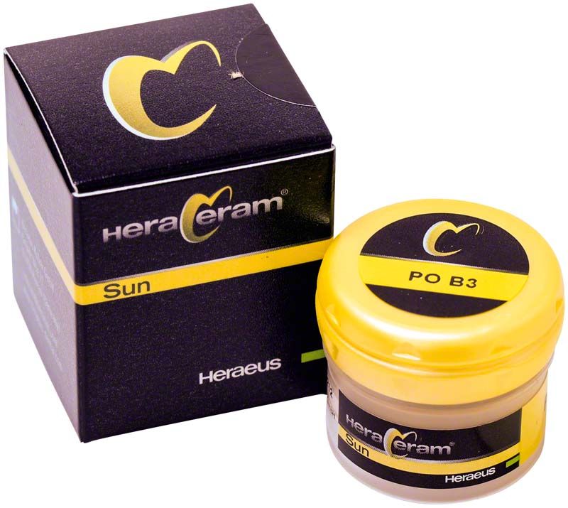 HeraCeram® Sun Pastenopaker PO B3 Verpackung und Dose in Gelb und Schwarz