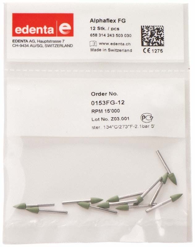 Alphaflex Polierer grün Spitze FG in transparentem Beutel mit Produktinformationen.