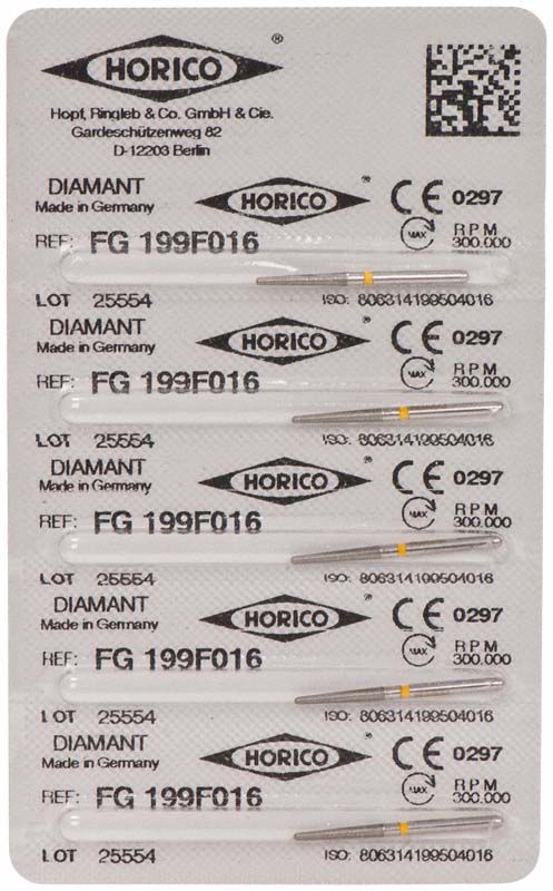 Verpackung mit Diamant FG 199F 016 Dentalbohrer, CE-Zeichen und QR-Code.