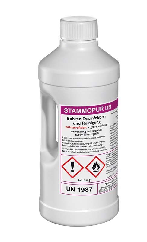 Stammopur DB Ultraschallreinigungslösung in weißer Flasche mit Etikett.