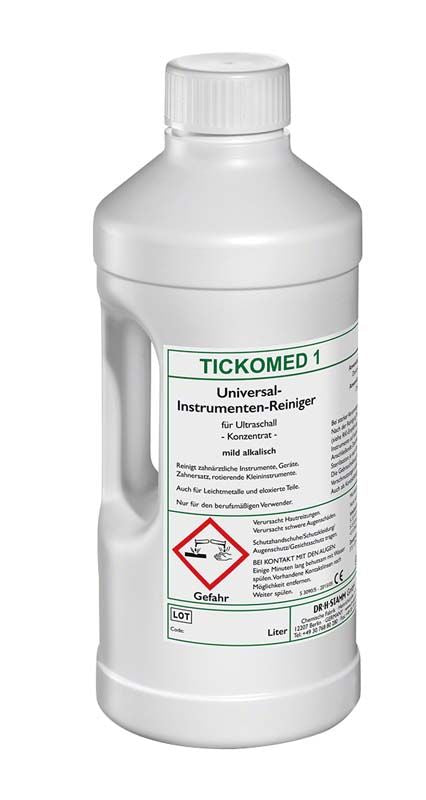 Tickomed 1 Universal-Instrumentenreiniger in weißer 2-Liter-Flasche mit Etikett.
