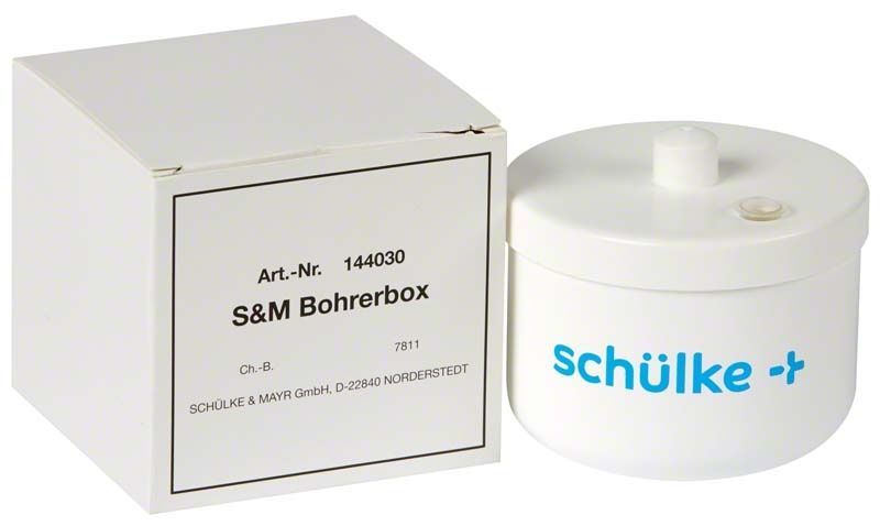 Weiße S&M Bohrerbox mit Schülke+ Logo neben Verpackung.