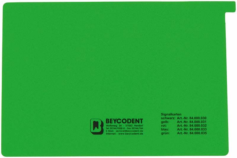 Grüne Signalkarte A5 mit schwarzem Aufdruck und Registerlasche.