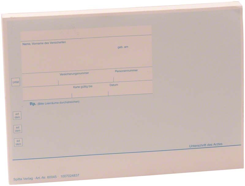 Chipkarten-Privatrezept quer blau mit Sicherheitsmerkmalen und DIN A6 Format.