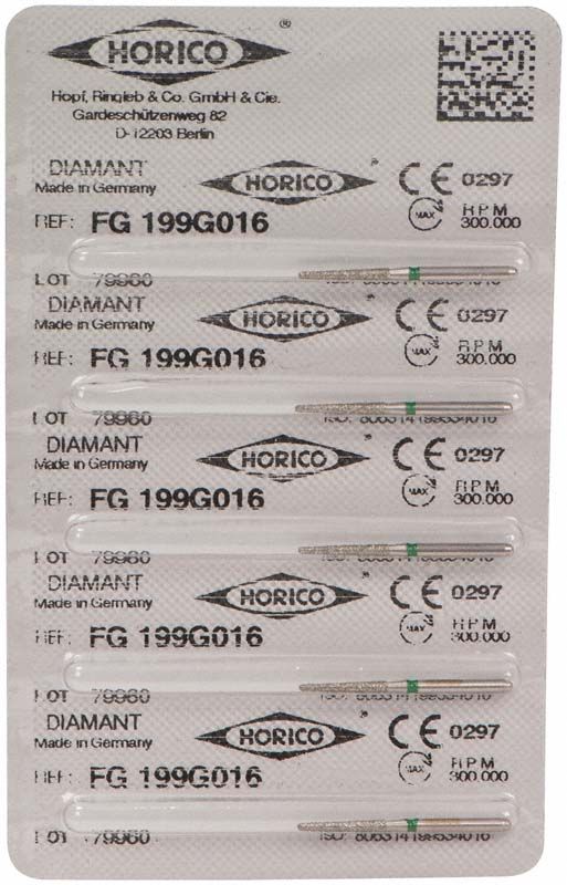 Verpackung mit Diamantschleifern FG 199G 016 für Zahnmedizin.