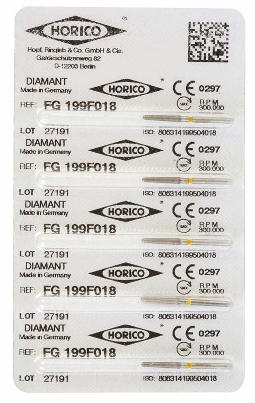 Blisterpackung mit sechs Diamant FG 199F 018 Bohrern.