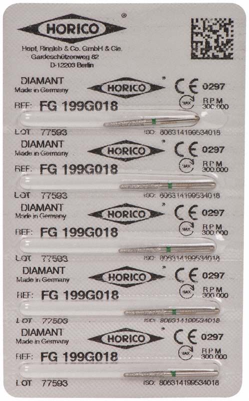 Verpackung des Diamant FG 199G 018 mit sechs Diamantschleifern.