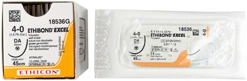 Verpackung des Ethibond Excel 4/0 chirurgischen Nahtmaterials, 45 cm.