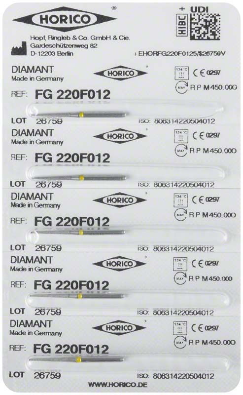 Verpackung mit Diamant FG 220F 012 Zahnarztbohrern, Made in Germany.