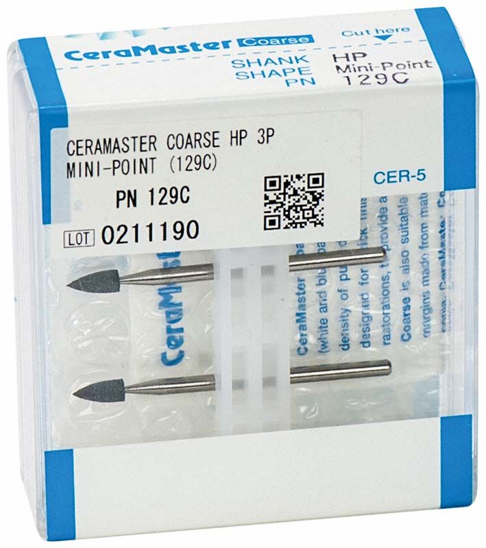 Verpackung von CeraMaster Coarse HP Minispitze mit zwei Dentalbohrern.