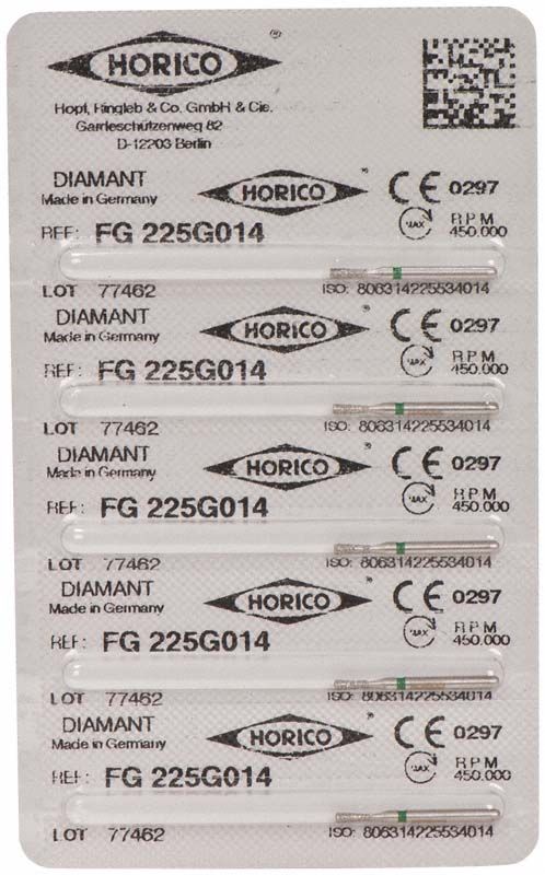 Verpackung des Diamantschleifers FG 225G 014 mit CE-Kennzeichnung.