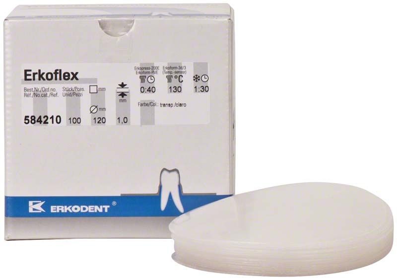 Erkoflex Thermoplastplatte Ø120mm x 1,0mm vor Verpackung.