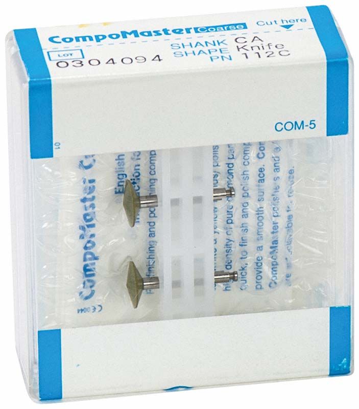 Verpackung von CompoMaster Coarse RA Linse mit zwei eingebetteten Schleifkörpern.