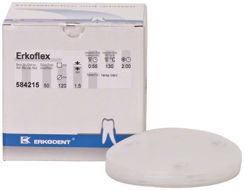 Erkoflex Tiefziehfolie Ø120mm x 1,5mm vor Verpackung, dentalmedizinisches Material.