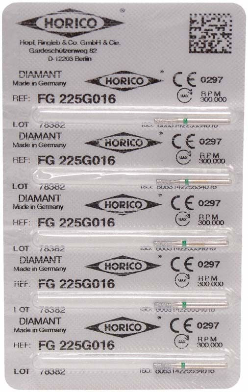 Blisterverpackung mit Diamant FG 225G 016 Dentalinstrumenten von Horico.