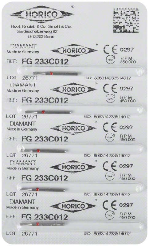Zahnmedizinische Schleifinstrumente Diamant FG 233C 012 in Einzelverpackung.