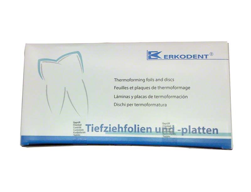 Erkodent Tiefziehfolien-Verpackung mit Zahn-Illustration und Produktinformationen.