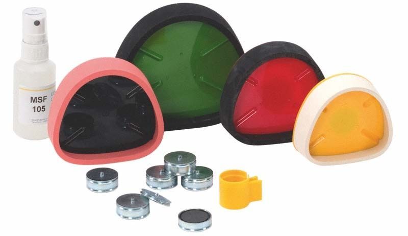 MPS Montageplatten Starter Kit gelb mit verschiedenen Halterungen und Zubehör.