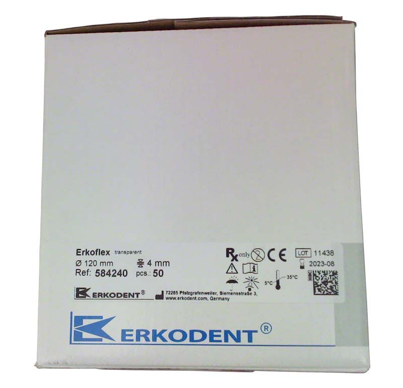 Erkodent-Verpackung für transparente Erkoflex-Tiefziehfolie, Ø120mm x 4,0mm, 50 Stück.