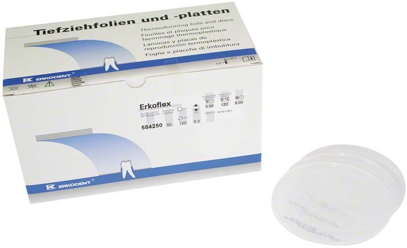 Erkoflex Tiefziehfolien-Verpackung und transparente Folien im Vordergrund.