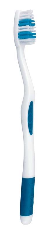 Einmalzahnbürste Happy Morning® De Luxe mit ergonomischem Griff und blauen Borsten.
