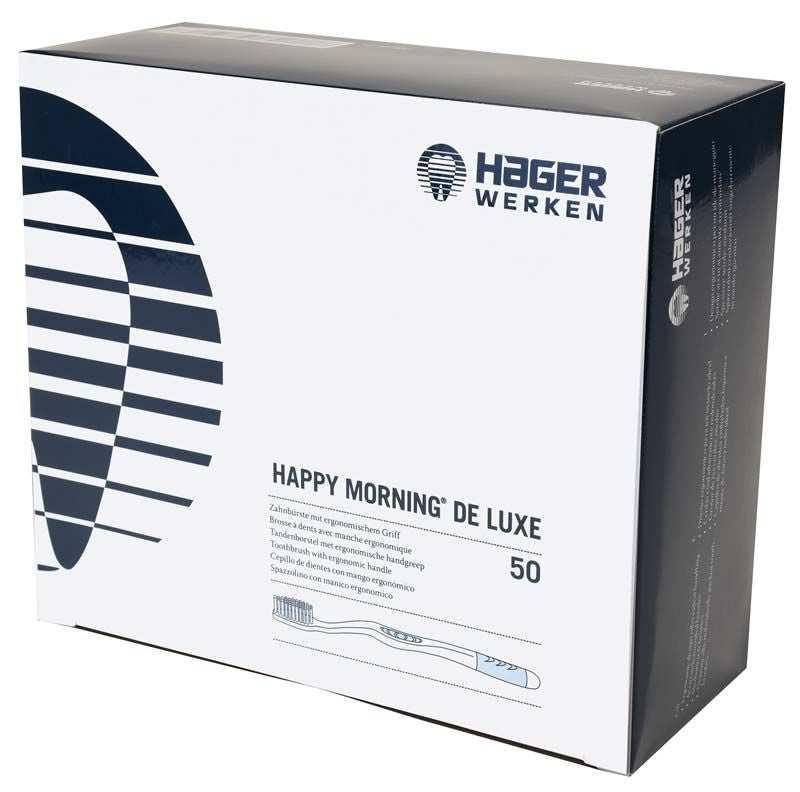 Verpackung der Happy Morning® De Luxe Einmalzahnbürsten mit 50 Stück.