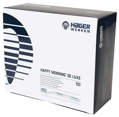 Verpackung der Happy Morning® De Luxe Einmalzahnbürsten mit 50 Stück.