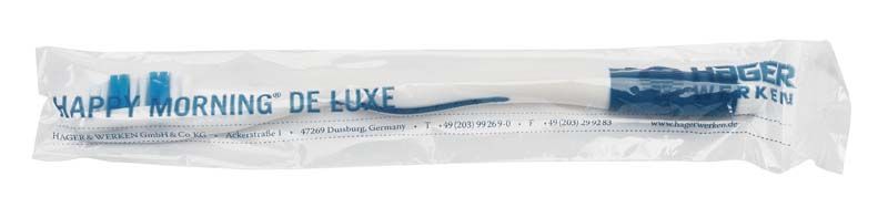 Happy Morning® De Luxe Einmalzahnbürste in transparenter Einzelverpackung.