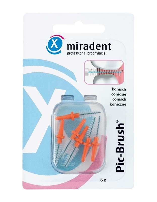 Pic-Brush® Ersatzbürsten 6er orange konisch in Verpackung mit Sichtfenster.