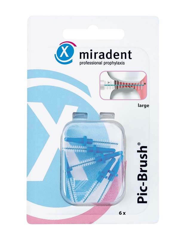Pic-Brush® Ersatzbürsten 6er blau large in Verpackung, Detailansicht Vorderseite.