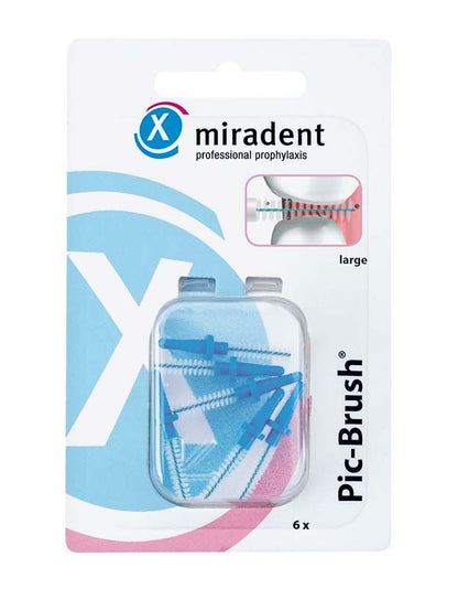 Pic-Brush® Ersatzbürsten 6er blau large in Verpackung, Detailansicht Vorderseite.