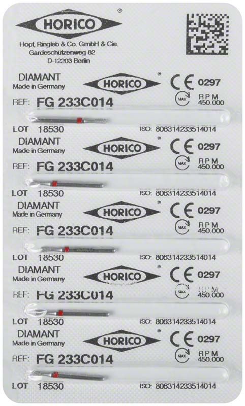 Blisterpackung mit Diamantinstrumenten, Modell FG 233C 014, von Horico.