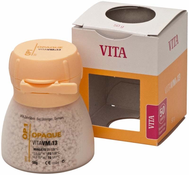VITA VM13 Opaque 50g OP1, geöffnete Verpackung mit beigem Deckel.