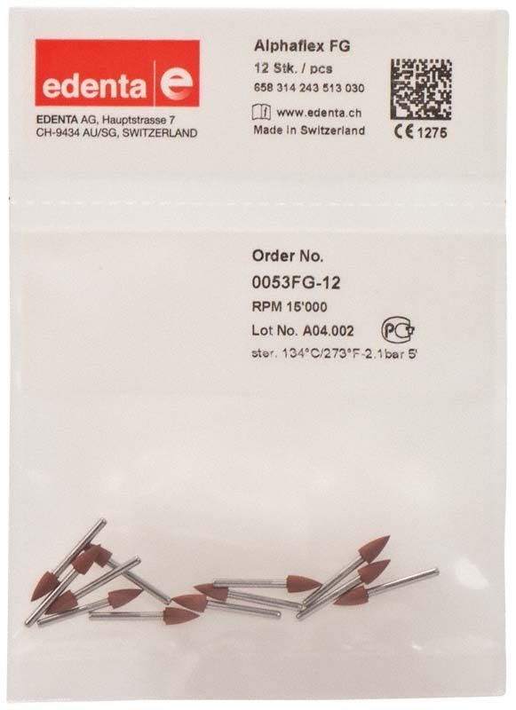 Alphaflex Polierer braun Spitze FG in Verpackung mit zwölf Stück.