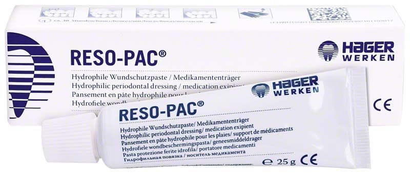 Reso-Pac® Tube 25g vor Verpackung mit Produktdetails und Logo.